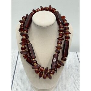 Vtg 1970s Cranberry Red Glass Beaded Necklace Hand Knotted Hook Clasp Boho 32"